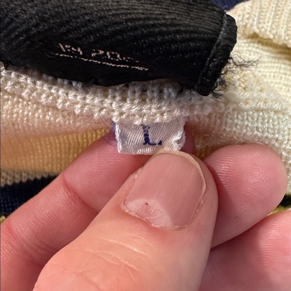 HEAD Geometric Wool Blend Sweater Retro Knit Pullover Navy Yellow Blue Large - Picture 12 of 12